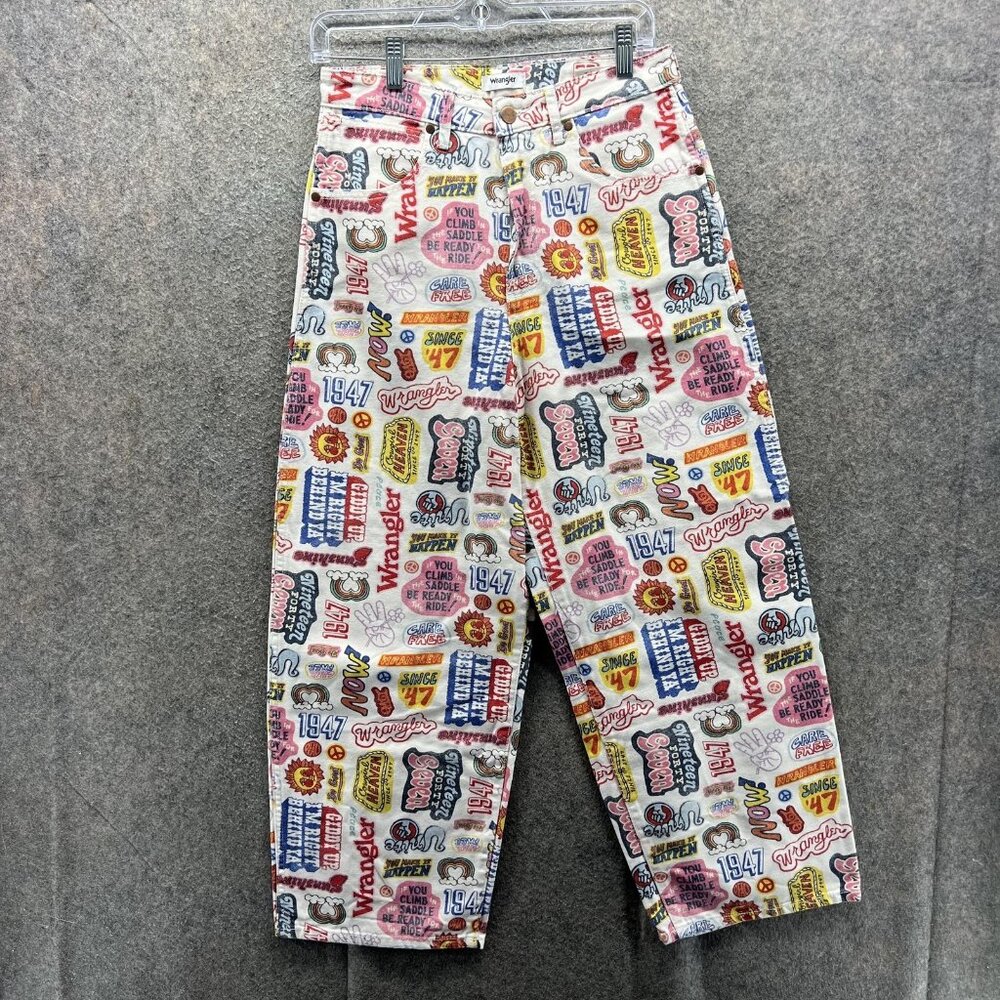 Wrangler White Multi-Logo Graphic Wide Leg Jeans